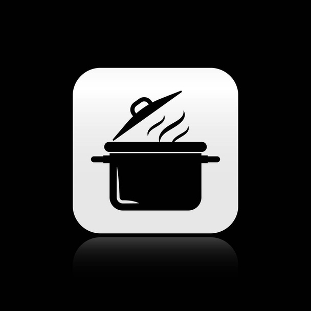 Icône de casserole noire isolée sur fond noir. Faire bouillir ou ragoût symbole de la nourriture. Bouton carré argenté. Illustration vectorielle - Vecteur, image