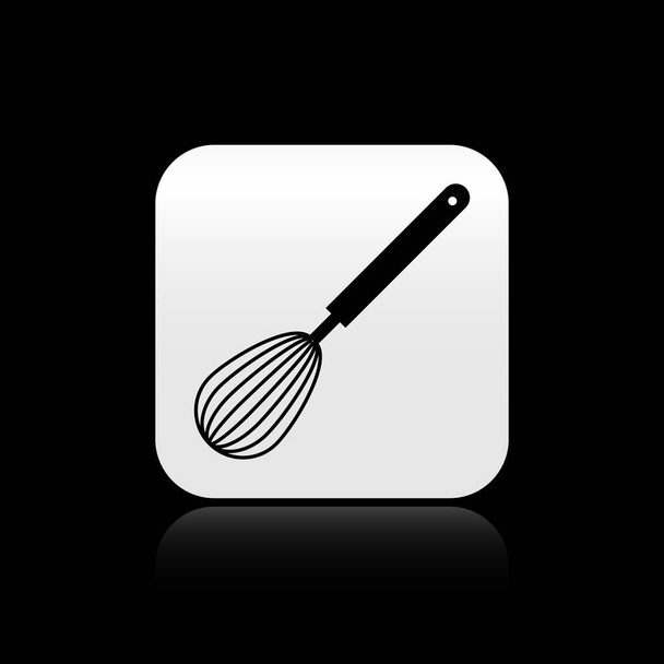 Чорний кухонний бісквіт значок ізольований на чорному тлі. Кулінарний посуд, яєчний пиріг. Знак столових приборів. Символ харчової суміші. Срібна квадратна кнопка. Векторна ілюстрація
 - Вектор, зображення