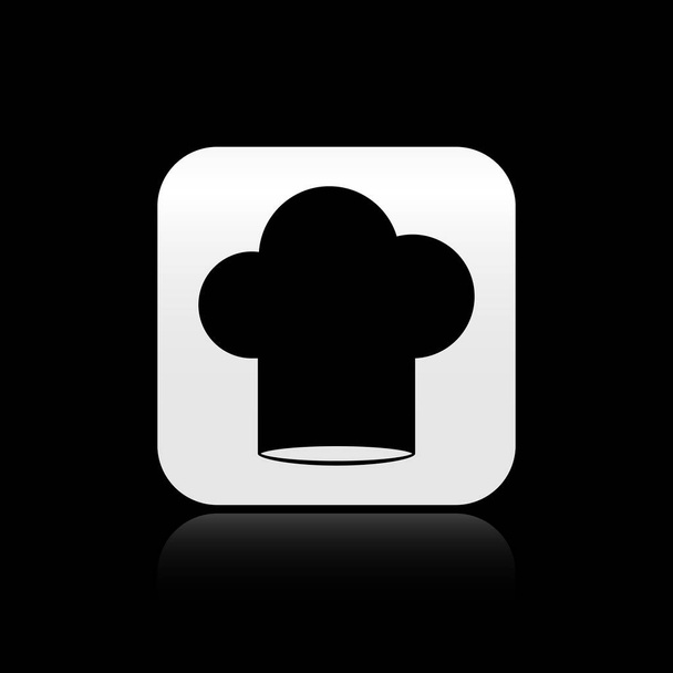 Ikona klobouku Black Chef izolované na černém pozadí. Symbol vaření. Kuchařská čepice. Stříbrný knoflík. Vektorová ilustrace - Vektor, obrázek