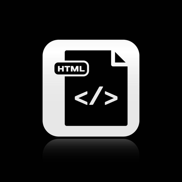 Musta HTML-tiedosto asiakirja. Lataa html painiketta kuvake eristetty musta tausta. HTML-tiedoston symboli. Merkintäkielen symboli. Hopeinen neliö nappi. Vektorikuvaus
 - Vektori, kuva