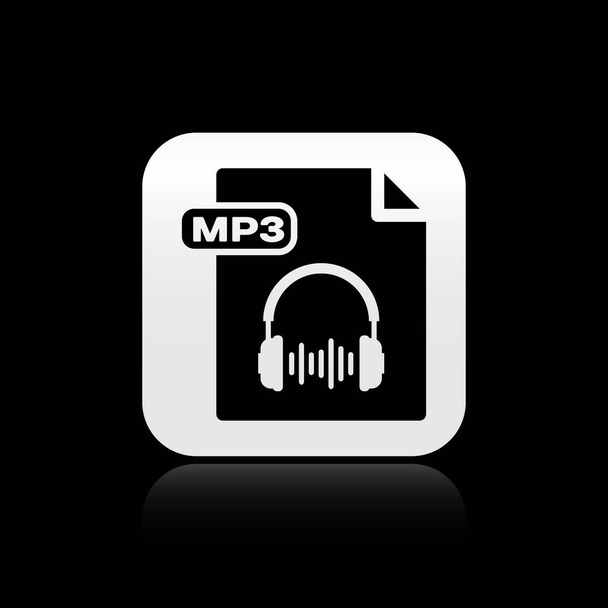 黒の Mp3 ファイル ドキュメント。黒い背景に隔離されたmp3ボタンアイコンをダウンロードしてください。Mp3 音楽フォーマット記号。Mp3 ファイルシンボル。シルバーの正方形のボタン。ベクトルイラストレーション - ベクター画像