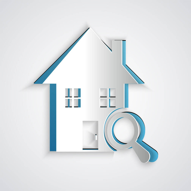 Paper cut Search house icon isolated on grey background. Real estate symbol of a house under magnifying glass. Paper art style. Vector Illustration - Vector, Image