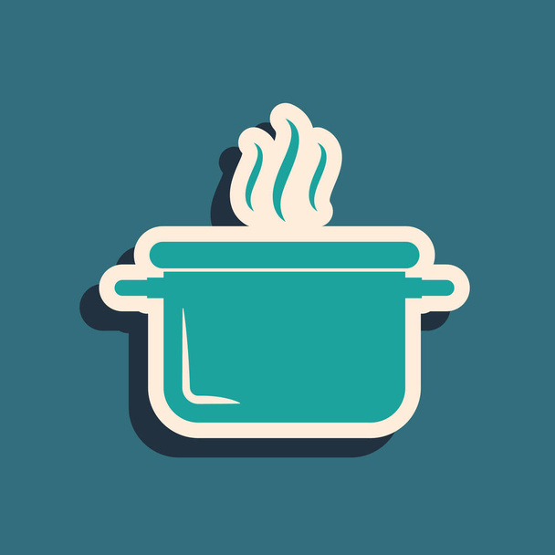 Icono de olla de cocina verde aislado sobre fondo azul. Hervir o guisar el símbolo de la comida. Estilo de sombra larga. Ilustración vectorial
 - Vector, imagen