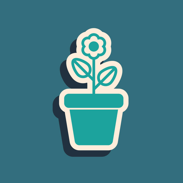 Green Flower in pot icon isolated on blue background. Plant growing in a pot. Potted plant sign. Long shadow style. Vector Illustration - Vecteur, image