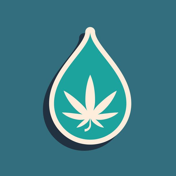Green Medical marijuana or cannabis leaf olive oil drop icon isolated on blue background. Cannabis extract. Hemp symbol. Long shadow style. Vector Illustration - ベクター画像