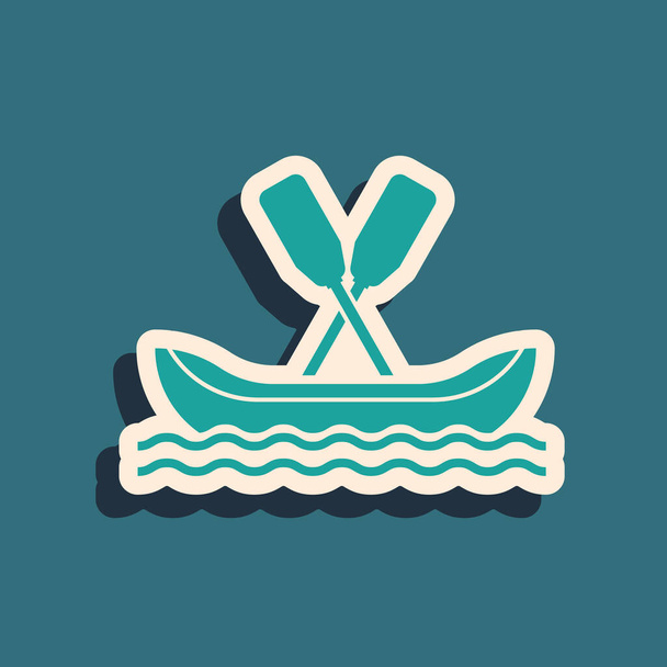 Yeşil Rafting tekne simgesi mavi arkaplanda izole edildi. Kürekli kano. Su sporları, ekstrem sporlar, tatil, tatil, takım oluşturma. Uzun gölge tarzı. Vektör İllüstrasyonu - Vektör, Görsel