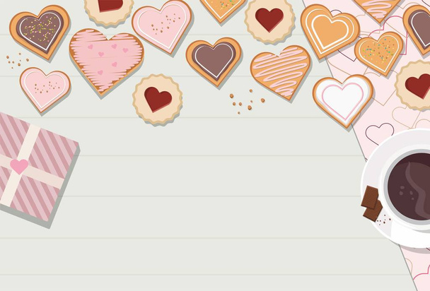 Διακοσμημένα μπισκότα σε σχήμα καρδιάς με γλάσο σε ξύλινο φόντο, πάνω όψη. Του Αγίου Βαλεντίνου. Διάνυσμα     - Διάνυσμα, εικόνα
