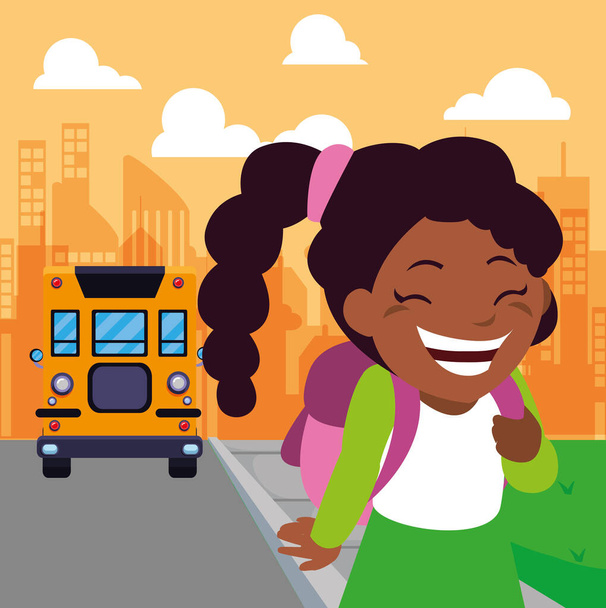 estudante menina no ônibus parar com fundo da cidade
 - Vetor, Imagem