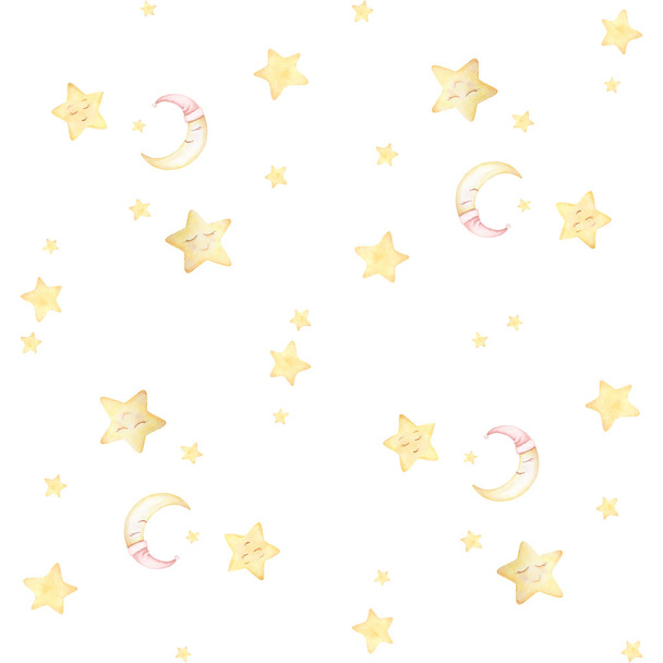 Χωρίς ραφές μοτίβο μωρού. Παιδικά αποτυπώματα. Φεγγάρι, αστέρια κοιμούνται. Υδατογραφία. Λευκό φόντο. Ποιότητα εκτύπωσης - Φωτογραφία, εικόνα