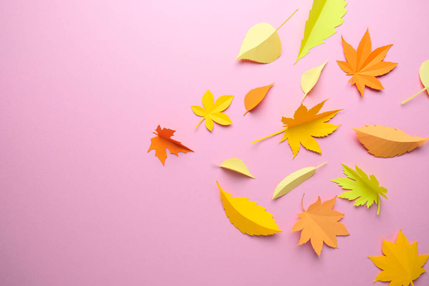 Leaves of paper fall red, orange, yellow leaf fall. Autumn concept - 写真・画像