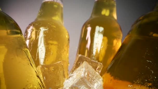 butelki zimnego piwa z kostkami lodu i kroplami wody. zbliżenie dolly strzał - Materiał filmowy, wideo