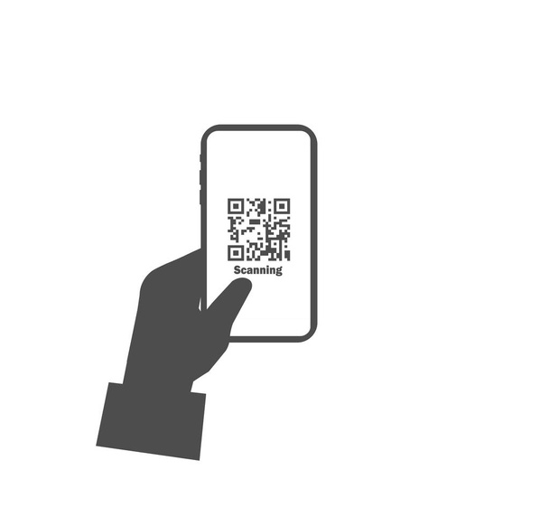 Scan qr code for finance online payment cashless. Smartphone in hand - gray vector icon - Vector, Image