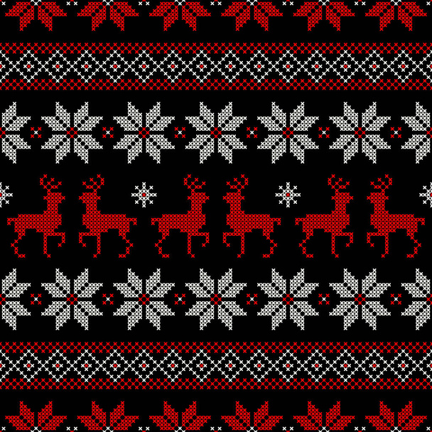 Απρόσκοπτη μοτίβο Χριστούγεννα Νορβηγικό στυλ Κεντήματα Κόκκινο Λευκό Μαύρο - Διάνυσμα, εικόνα