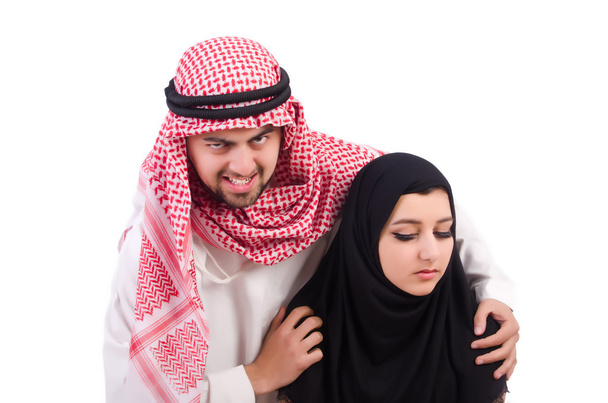 Arab man with his wife on white - 写真・画像