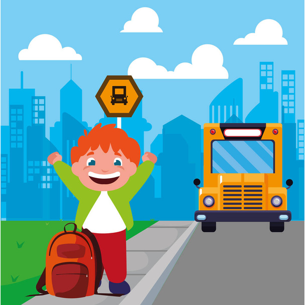 estudante menino na paragem de autocarro com fundo da cidade
 - Vetor, Imagem