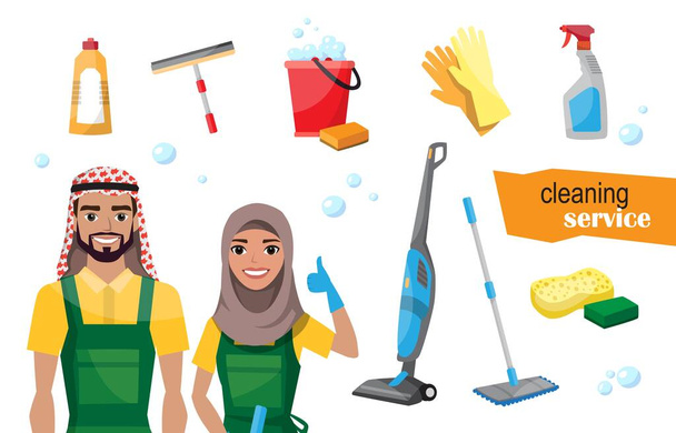 Equipo de limpiadores profesionales. Conjunto vectorial de herramientas de limpieza. Ilustración vectorial de personajes musulmanes árabes de dibujos animados
 - Vector, Imagen