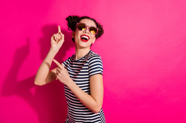Portrait of her she nice-looking attractive glamorous lovely pretty modern cheerful cheery girl having fun time dancing isolated over bright vivid shine vibrant pink fuchsia color background - 写真・画像