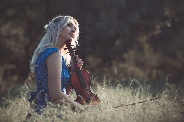 portrait of a young fabulously beautiful girl in a dress with a violin sitting in dry grass on meadoe at the dawn, woman playing a musical instrument with inspiration relaxing on nature - Photo, Image