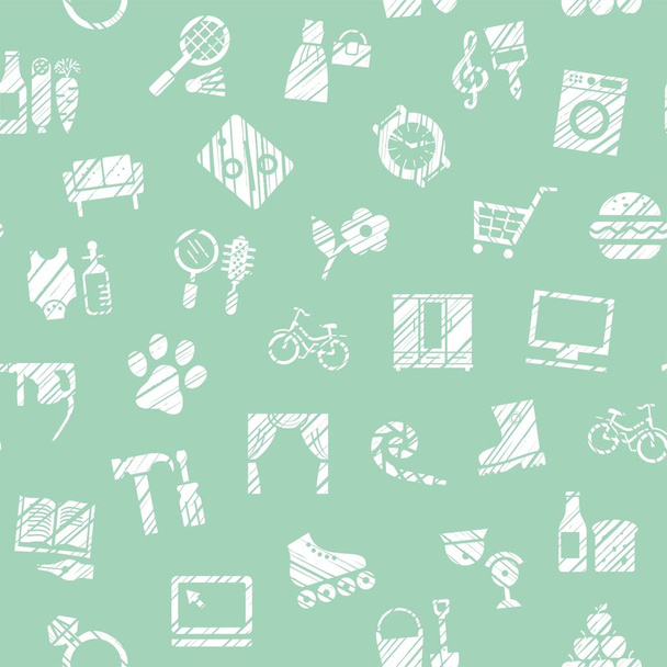 Shops, seamless pattern, monochrome, hatching, green, vector. Different product categories. Imitation of pencil hatching. White icons on a green field.  - Vektor, obrázek