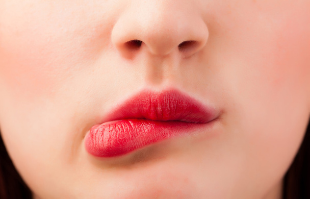 Beautiful woman red lips close up - Foto, Imagem