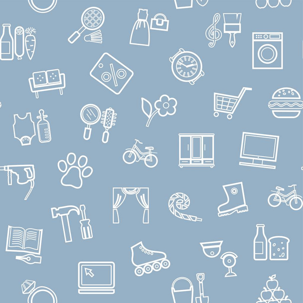 Shops, seamless pattern, monochrome, contour, blue, vector. Different product categories. A subtle, linear pattern. White icons on a blue field.  - Вектор,изображение