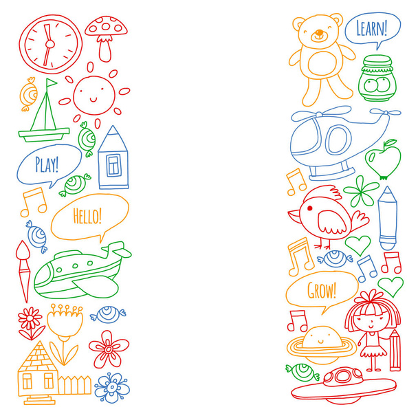 Vector pattern with little children. Kindergarten, play and grow together. Icons of toys and kids in doodle style - Vektori, kuva
