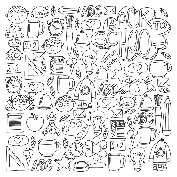 Vector pattern with school icons with little students. Children study chemistry, creativity, mathematics, physics, algebra, geometry, biology, geography, astronomy. - Vector, Image