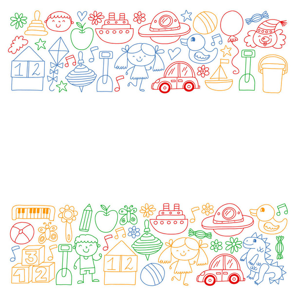 Kindergarten preschool school children. Kids drawing style vector pattern. Play grow learn together. - Vector, Image