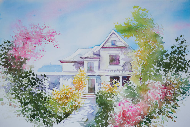 Акварельная живопись дома и красивый цветочный сад
 - Фото, изображение