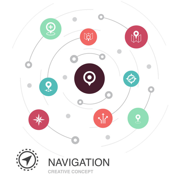 Navigáció színes kör koncepció egyszerű ikonok. Tartalmaz olyan elemeket, mint a hely, térkép, GPS - Vektor, kép