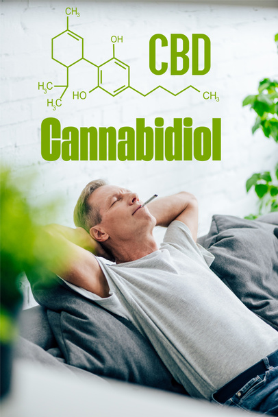 selective focus of handsome man smoking blunt with medical cannabis on sofa with cbd molecule illustration - Photo, Image