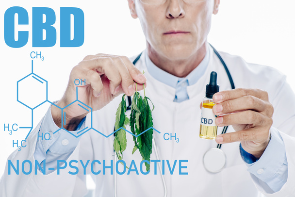 cropped view of doctor in white coat holding cbd oil and marijuana leaf isolated on white with non-psychoactive cbd illustration - 写真・画像