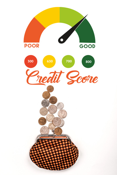 top view of plaid purse near scattered coins on white background with credit score illustration - Fotografie, Obrázek