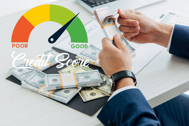 cropped view of businessman counting money in office with credit score illustration - Фото, зображення