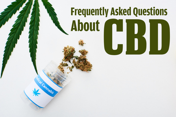 top view of bottle with medical cannabis and marijuana leaf on white background with frequently asked questions about cbd illustration - Фото, изображение