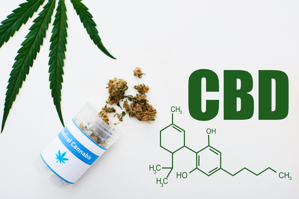 top view of bottle with medical cannabis and marijuana leaf on white background with cbd molecule illustration - Valokuva, kuva