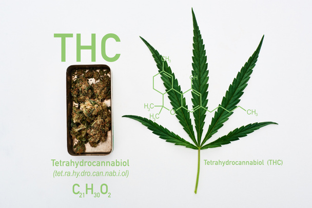 top view of green cannabis leaf and marijuana buds in metal box on white background with THC molecule illustration - Φωτογραφία, εικόνα
