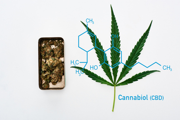 vista superior de la hoja de cannabis verde y los brotes de marihuana en caja de metal sobre fondo blanco con ilustración de molécula de cbd
 - Foto, Imagen