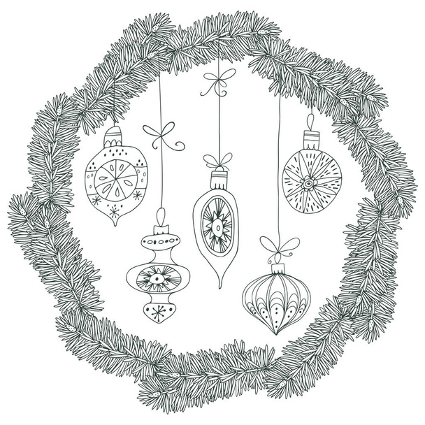 Corona redonda de ramas de pino con juguetes de Navidad. Ilustración de vacaciones vectoriales. Invitación, tarjeta de felicitación o un elemento para su diseño
. - Vector, imagen