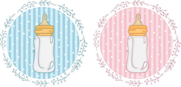 ピンクと青のベビーシャワーラウンドステッカーラベル付き赤ちゃんミルクボトル - ベクター画像
