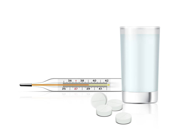 Моделирование Реалистичные таблетки лекарства на белом фоне с водяным стеклом и термометром для проверки температуры. Разработка векторной иллюстрации для больниц. Таблетки Медицинская концепция и здоровье
. - Вектор,изображение