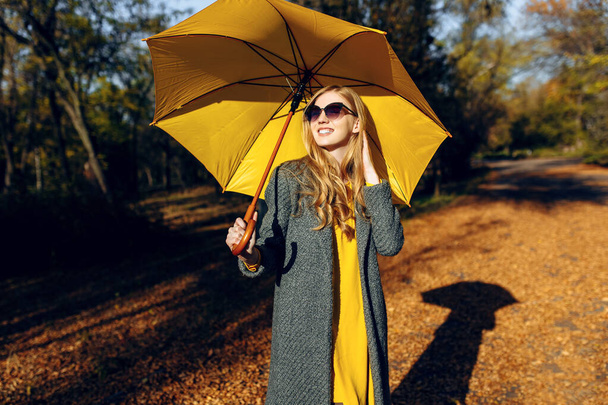Girl, with yellow umbrella, in the Park with yellow leaves, autumn time - Fotografie, Obrázek