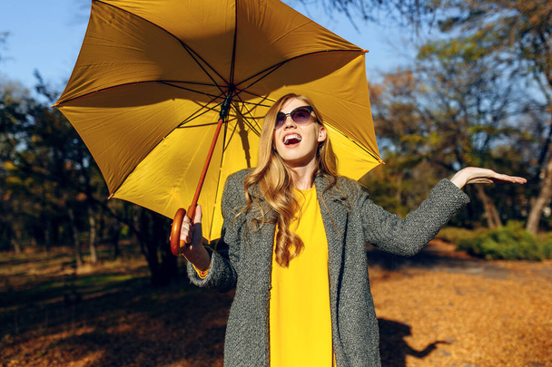 Sarı şemsiyeli kız, sonbahar zamanı, sarı yapraklı parkta. - Fotoğraf, Görsel