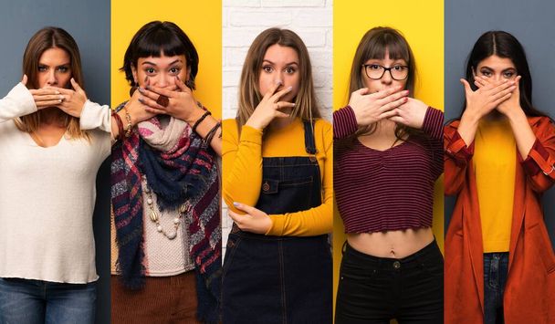 Sada žen pokrývajících ústa rukama pro vyslovní něco nevhodného - Fotografie, Obrázek