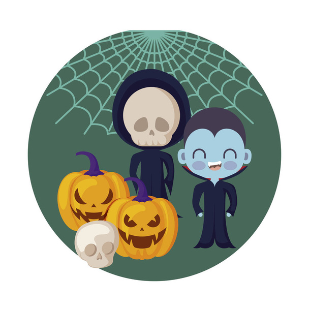 scéna dětí maskovaná ikonami Halloweenu - Vektor, obrázek