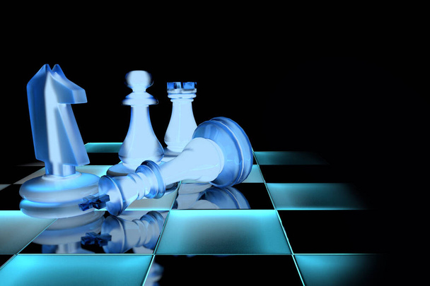 3D Illustration Schachfiguren leuchtend neon auf schwarzem Hintergrund - Foto, Bild