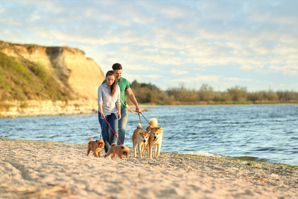 Young couple walking their adorable dogs near river - Photo, Image