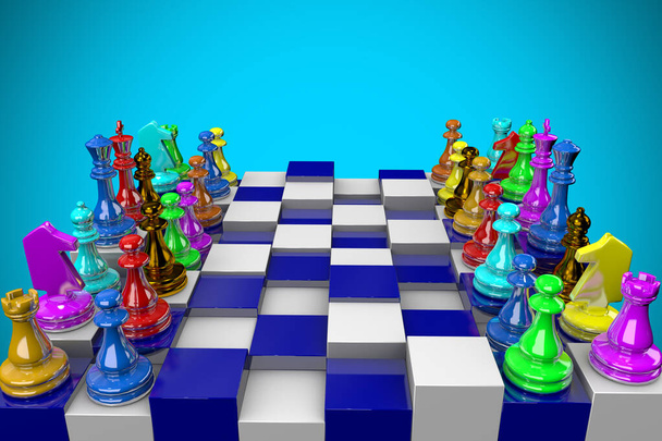 3d illustratie schaken stukken multi-gekleurde en heldere - Foto, afbeelding
