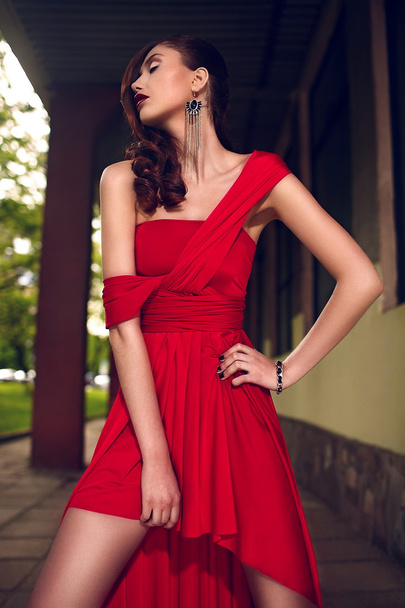Stylish brunette woman with bright makeup in red dress - Фото, зображення