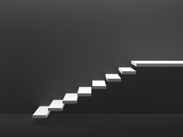 Białe schody izolowane na ciemnym szarym tle. ilustracja 3D. - Zdjęcie, obraz